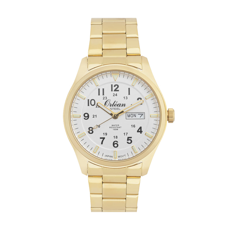 42mm Analog Mens 12h/24h Watch, Full Stainless Steel, Japanese Quartz Movement, Day / Date - ME3454 Gold / White Dial | White Dial