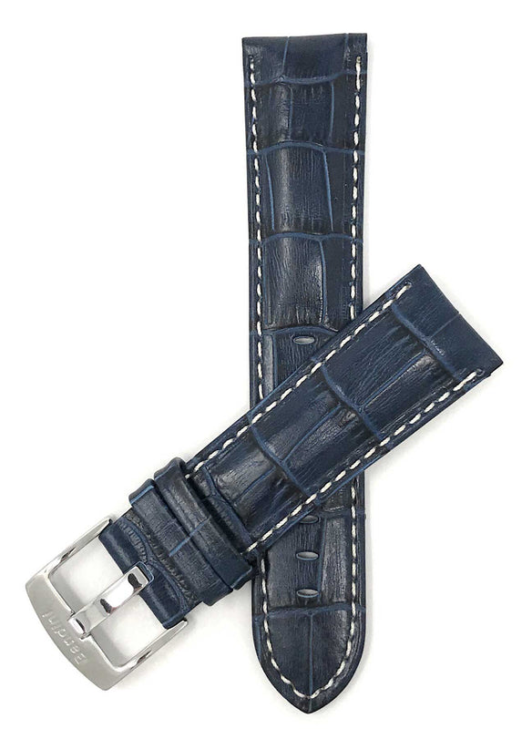 Bandini 28mm Extra long - Blue Italian Leather Watch Band - Alligator Pattern - White Stitch - Glossy 28mm Extra long / Blue / Silver Buckle |  Dial