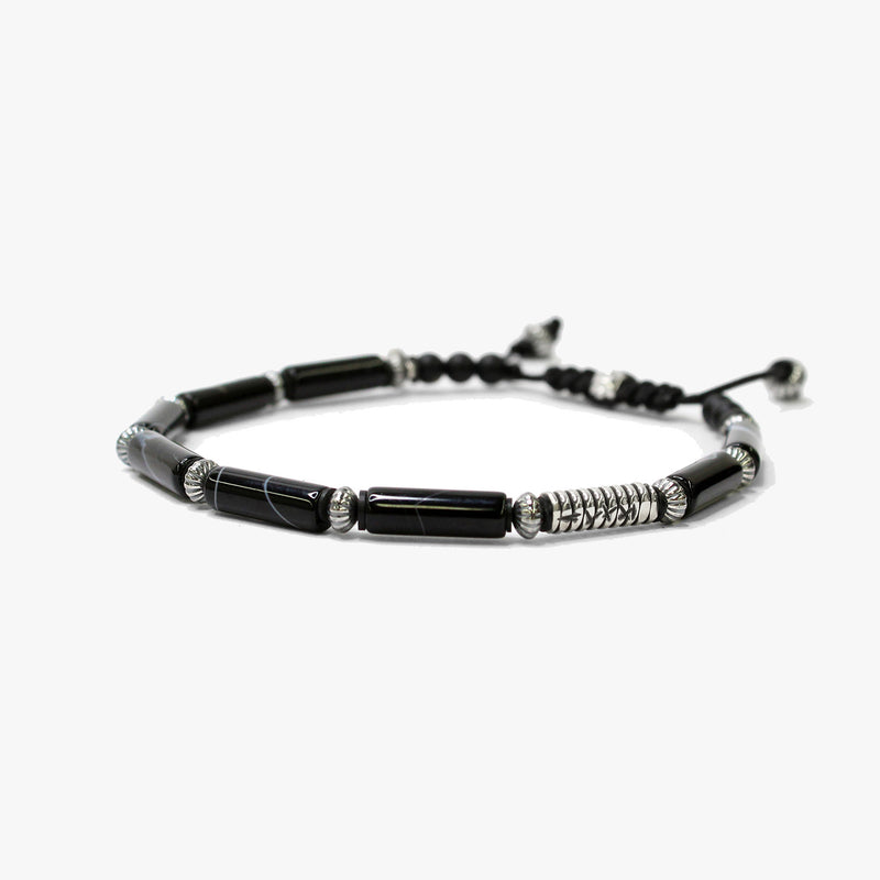 Striped black agate tubes, sterling coil M (7.25" Wrist) |  Dial