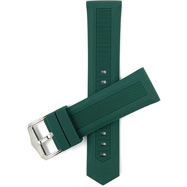 SIL.110 | 24mm Green Smooth Ribbed Silicone Watch Band, Soft Rubber Strap, Waterproof 24mm / Green / Silver Buckle |  Dial