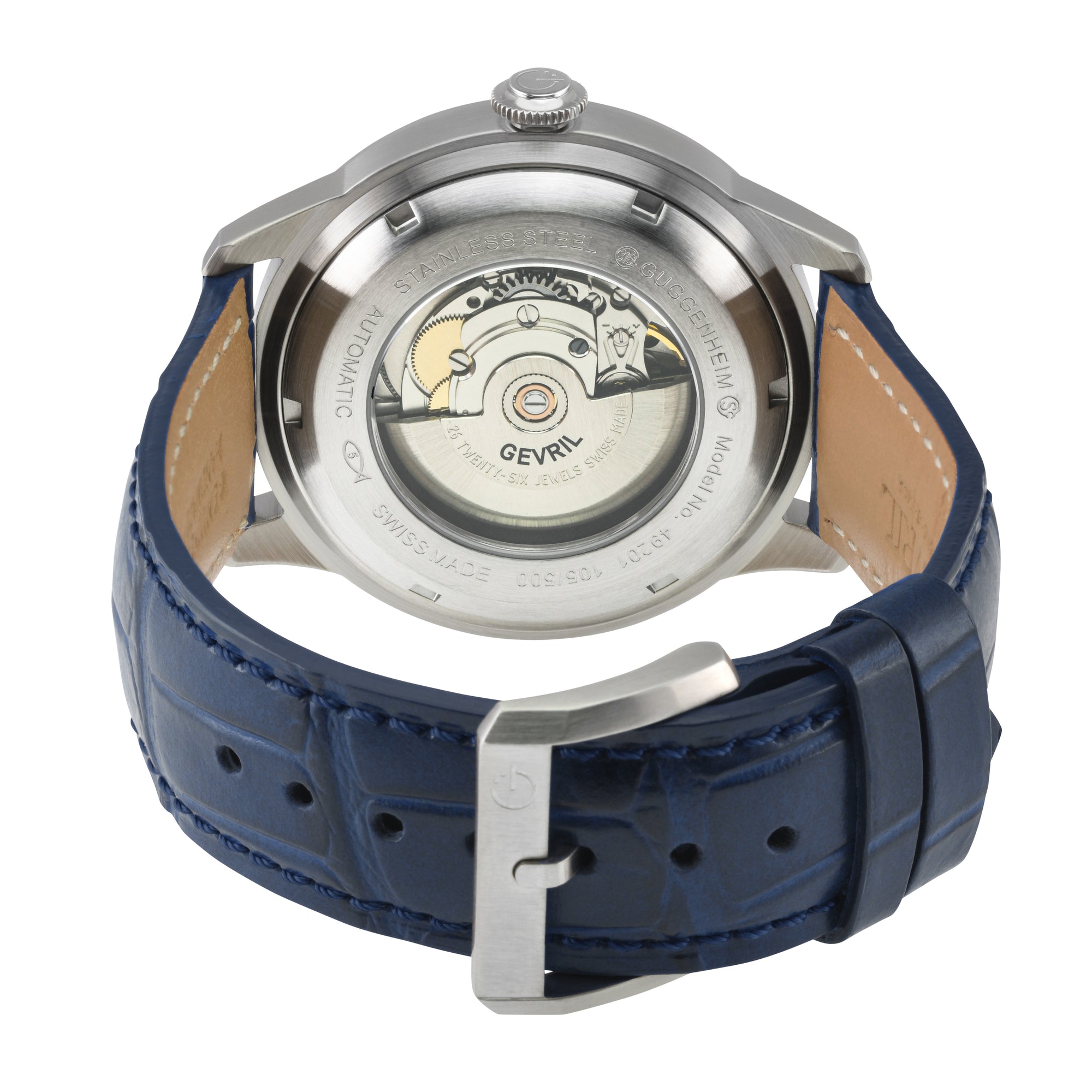 Guggenheim Gevril Men's Guggenheim Automatic 316L Stainless Steel Blue Dial, Genuine Italian Handmade Blue Leather with blue Stitching Strap. | Blue Dial