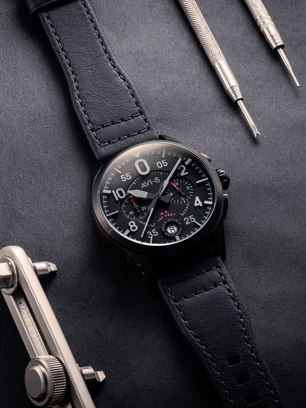 Spitfire Lock Chronograph Watch Black / Leather | Black Dial