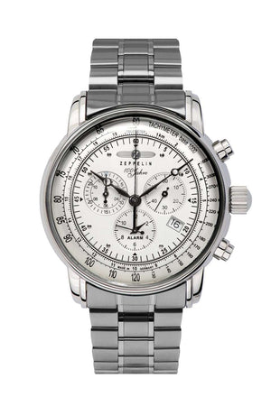 100 Jahre Chronograph White with Metal Bracelet | Silver Dial