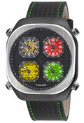 Quattro Zone GV2 Swiss Quartz, 316L Black Case, Silver Bezel, Black dial, Sub Dials, Black Italian Leather Strap Black Dial