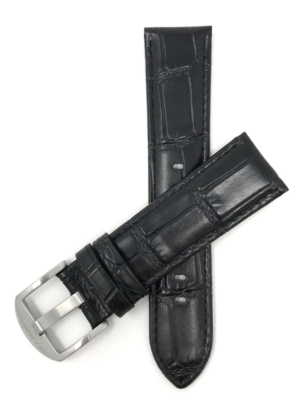 Bandini 20mm Black Italian Leather Watch Band - Crocodile Pattern - Semi-Padded 20mm / Black / Silver Buckle |  Dial