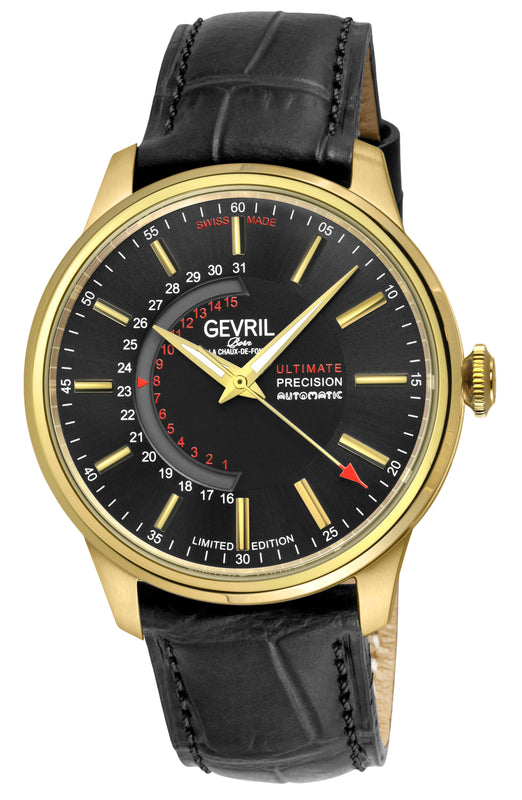 Guggenheim Gevril Men's Guggenheim Automatic IP Gold, Case, Black Dial, Genuine Italian Handmade Black Leather Strap with Black Stitching. | Black Dial