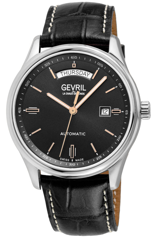 Excelsior Swiss made Automatic Sellita SW240, Day Date Black Dial,  Black Italian Handmade Leather Strap | Black Dial
