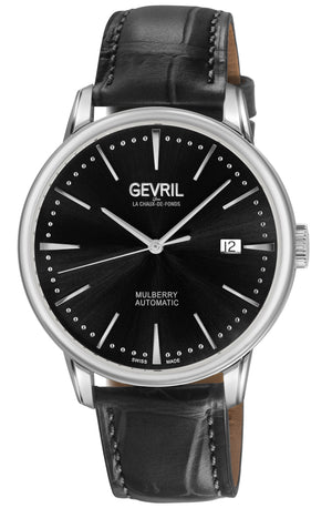 Mulberry Gevril Men's Mulberry SS Case,SS Bezel, Black Dial with embossed textured, Black Handmade Italian Leather Strap | Black Dial Dial