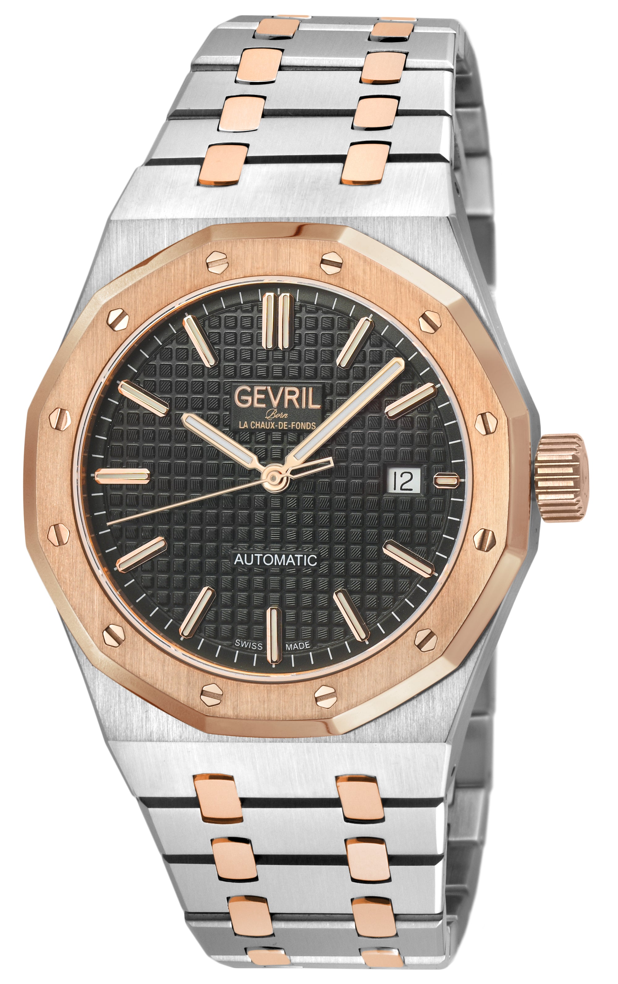 Gotham Swiss Automatic Movement, Black Embossed Dial, Two toned SS/IPRG Bracelet | Black Dial