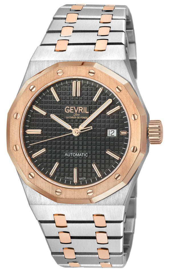 Gotham Swiss Automatic Movement, Black Embossed Dial, Two toned SS/IPRG Bracelet | Black Dial