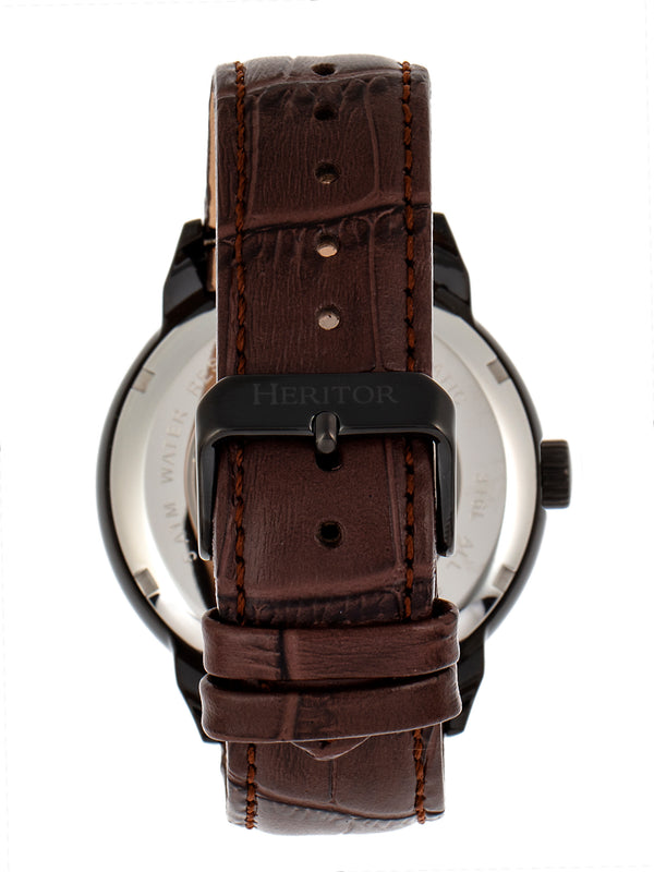 Automatic Sanford Semi-Skeleton Leather-Band Watch Black/Brown | Black Dial