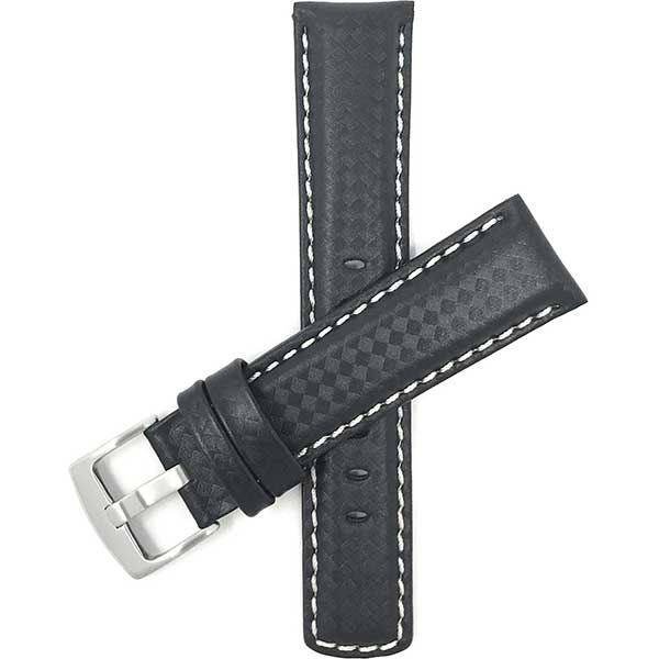 530 | 20mm Black and White Mens Leather Carbon Fiber Pattern Watch Band 20mm / Black and White / Silver Buckle |  Dial