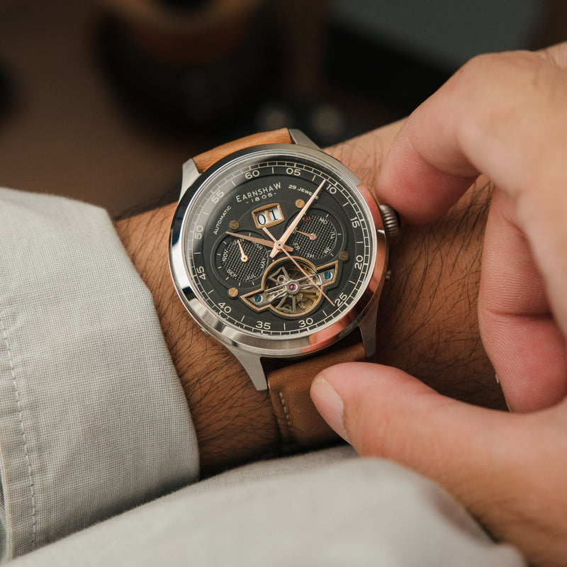 Baron Grand Date Calendar Open Heart Automatic Black / Brown Leather | Black Dial