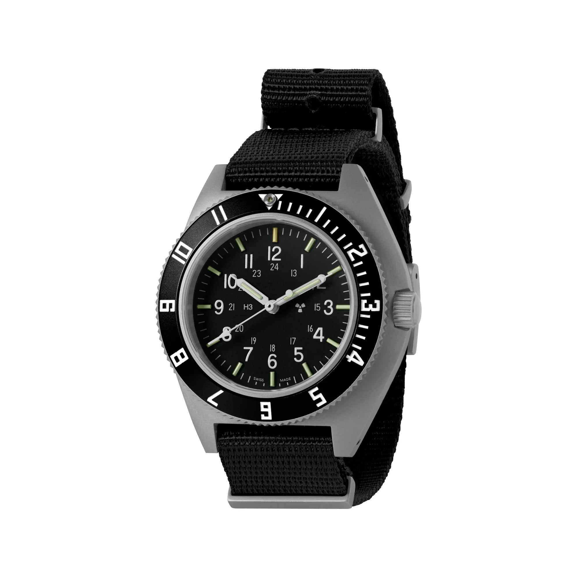 NAV, QUARTZ, SAPH, STE, COL: SS/BKPS DS NYLON 11" Black Sterile/Def Std | Black Dial