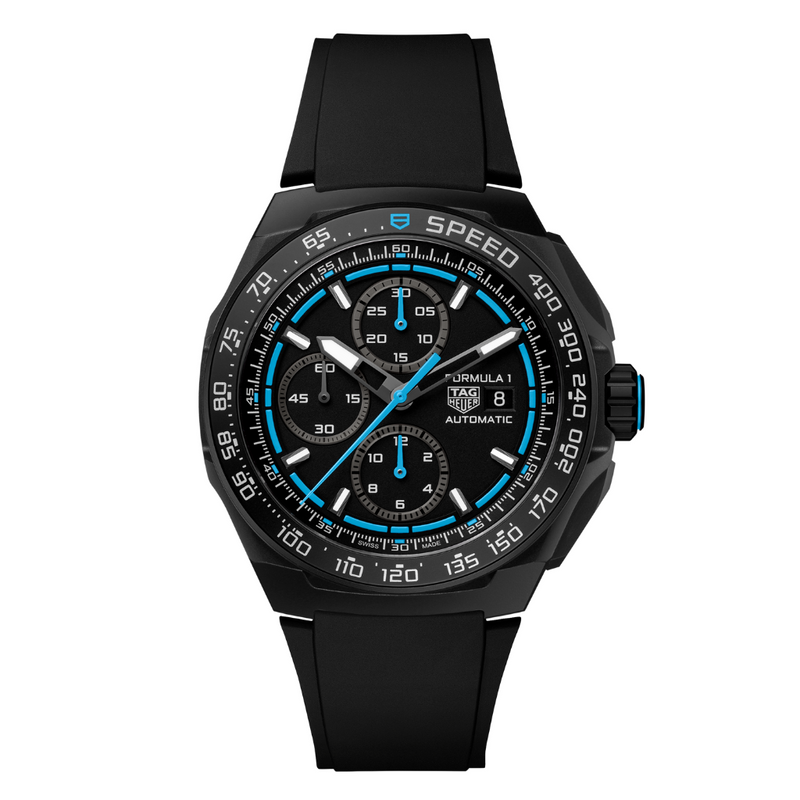 TAG HEUER FORMULA 1 44MM, W/R 200M, TITANIUM CASE, BLK & BLUE RUBBER STRAP, BLACK DIAL Black Dial | Black Dial