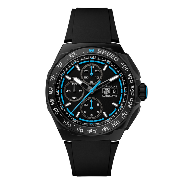 TAG HEUER FORMULA 1 44MM, W/R 200M, TITANIUM CASE, BLK & BLUE RUBBER STRAP, BLACK DIAL Black Dial | Black Dial