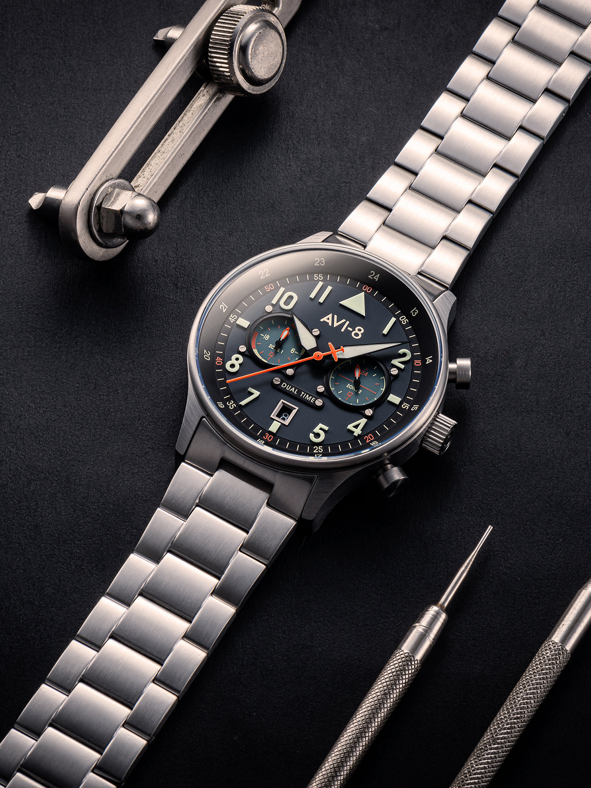Hawker Hurricane Carey Dual Time Blue & Stainless Steel /  Stainless Steel | Blue Dial