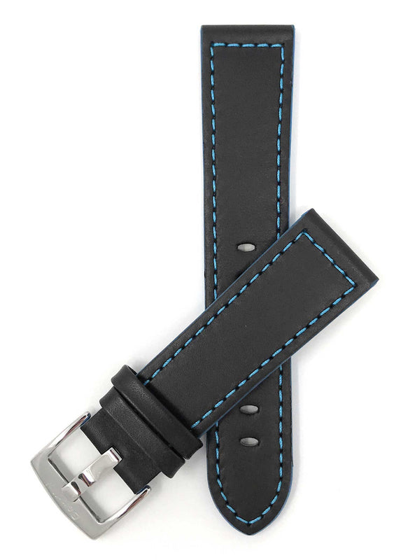 Bandini 22mm Extra long - Black / Blue Leather Watch Band - Racer - Padded 22mm Extra long / Black / Blue / Silver Buckle |  Dial