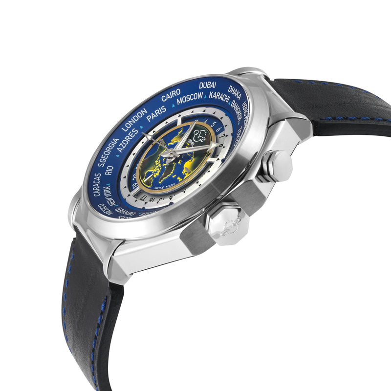 Marchese GV2 Men's Marchese Stainless Steel Case, Blue Dial,  Genuine Italian Blue Leather Strap with Blue Stitching | Silver Dial