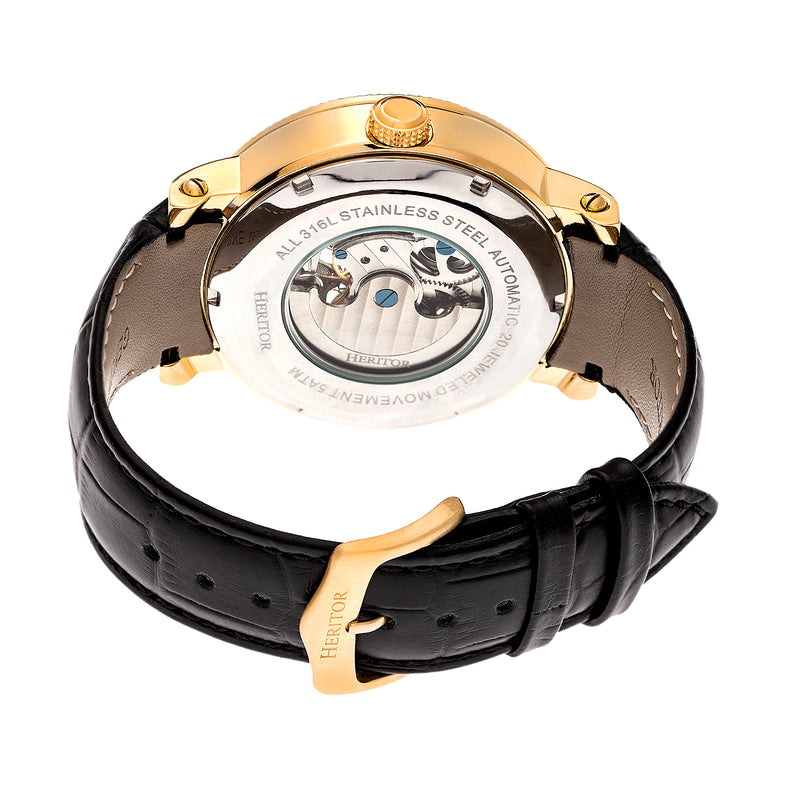 Automatic Aries Skeleton Leather Band Watch Black/Gold | Silver Dial