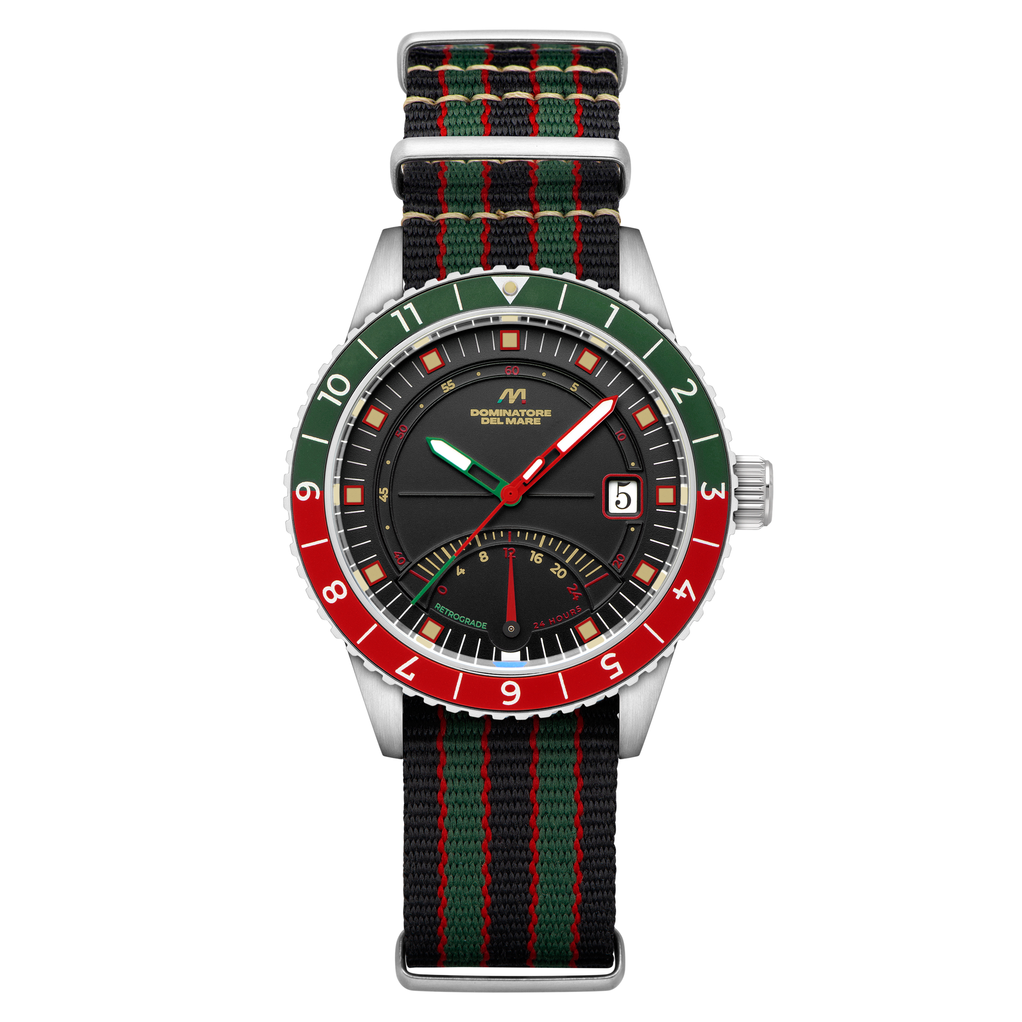 Fano Retrograde Green & Red / Nylon Strap | Black Dial