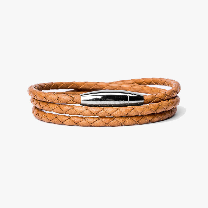 Braided Tobacco Leather Wrap, Polished Steel M (7.25" Wrist) |  Dial
