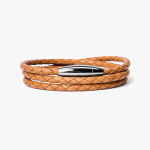 Braided Tobacco Leather Wrap, Polished Steel M (7.25" Wrist) |  Dial