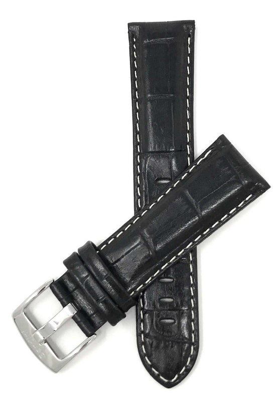 Bandini 28mm Extra long - Black Leather Watch Band - Alligator Pattern - White Stitch - Glossy 28mm Extra long / Black / Silver Buckle |  Dial