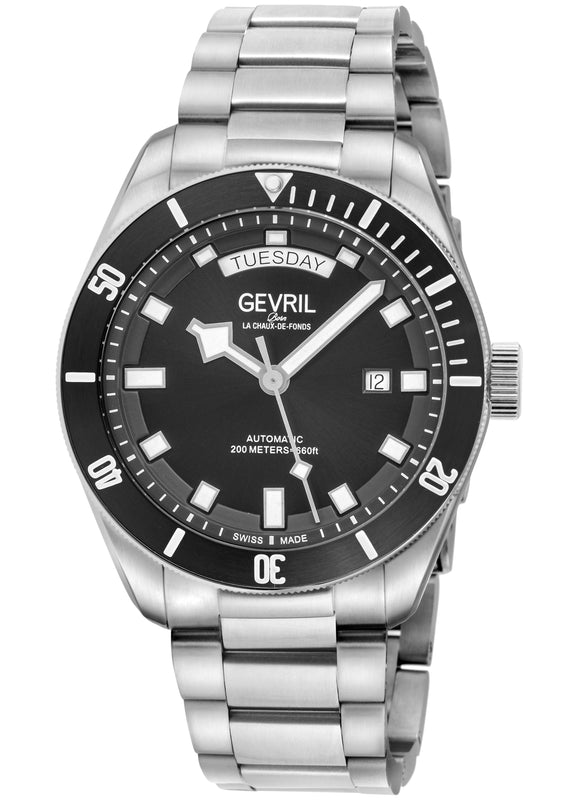 Yorkville-Diver Gevril Yorkville Sellita SW240 Swiss Automatic Diver Watch, SS Case, Black bezel, Black Dial | Black Dial