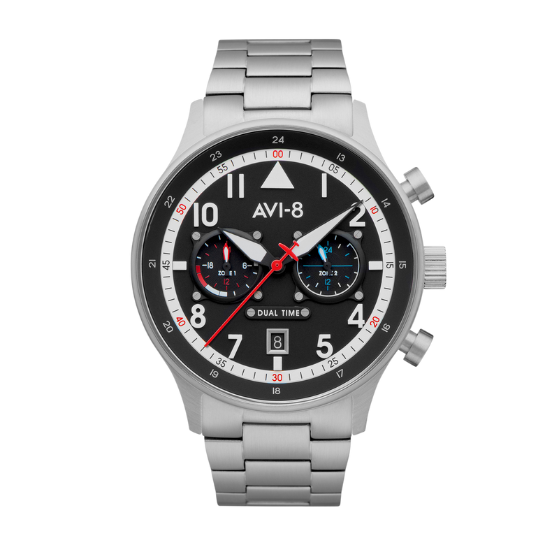 Hawker Hurricane Carey Dual Time Black & Stainless Steel / Stainless Steel | Black Dial