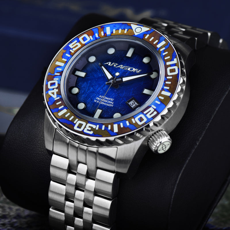 EVO Meteorite Swiss Automatic Limited Edition Titanium Damascus Bezel - Blue | Dark Blue Dial