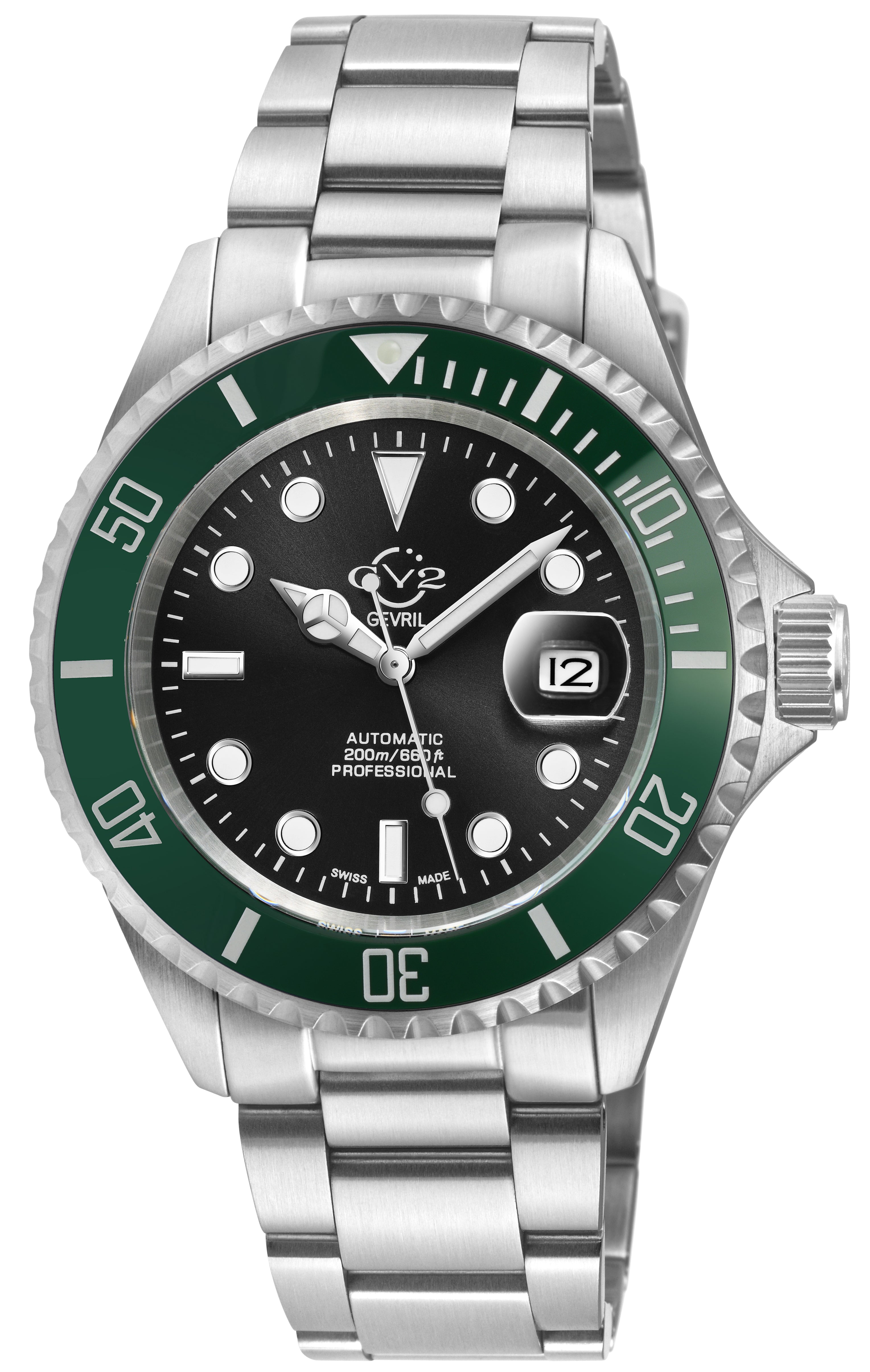 Liguria GV2 by Gevril Swiss Automatic, Black Dial, Green Bezel, SS