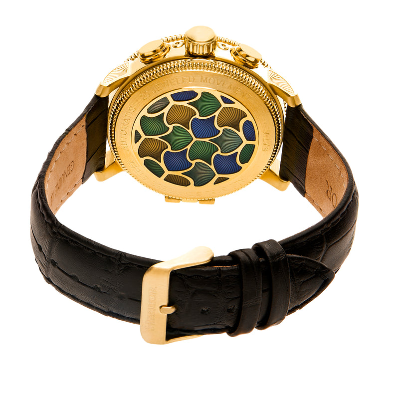 Aura Semi-Skeleton Genuine Leather-Band Watch Gold/Black | Multi-colored Dial