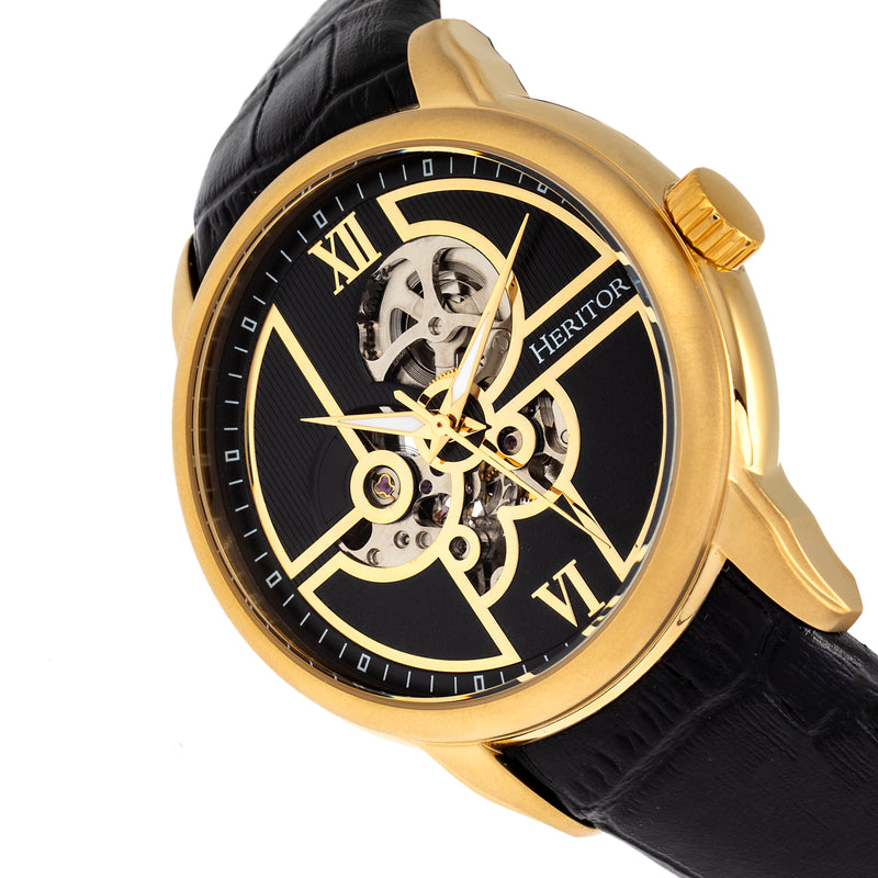 Automatic Sanford Semi-Skeleton Leather-Band Watch Gold/Black | Black Dial