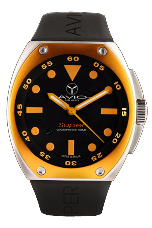 Avio Black, Black Rubber Orange bezel | Black Dial