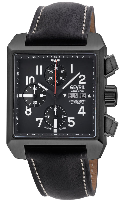 Herald Square Chronograph Gevril ETA7750 Chrono, SS/IPBLK Case, Black Dial, Italian Leather Strap | Black Dial