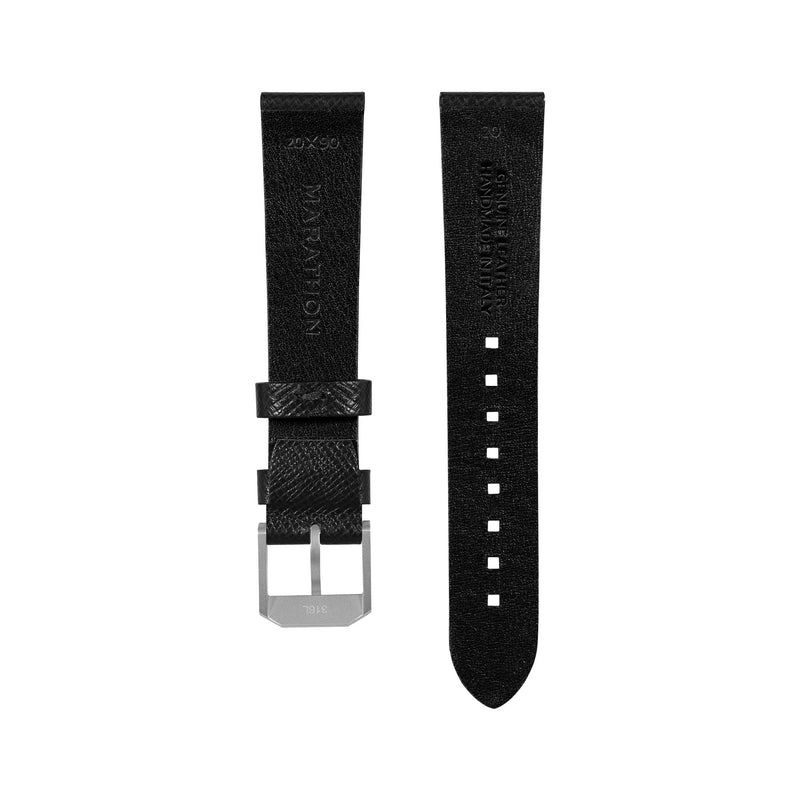 STRAP, 20mm, ITALIAN LEATHER, CROSS HATCH, PARKERIZED BUCKLE, BLACK, XL ITALIAN LEATHER, CROSS HATCH