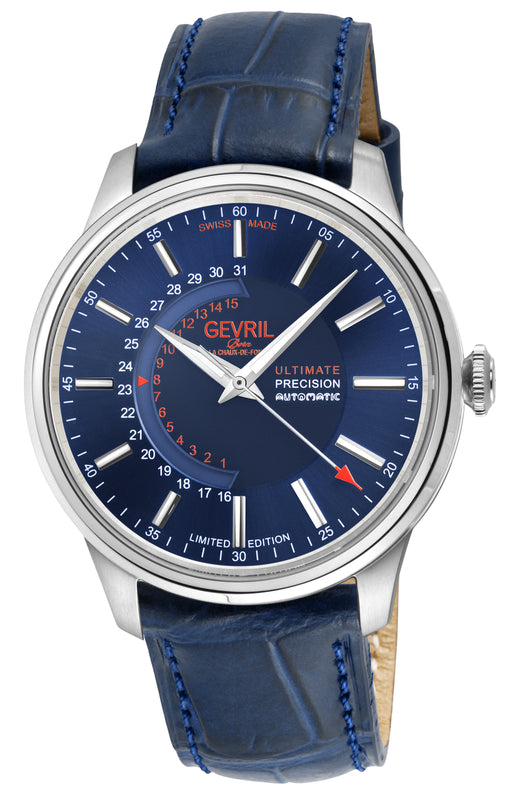 Guggenheim Gevril Men's Guggenheim Automatic 316L Stainless Steel Blue Dial, Genuine Italian Handmade Blue Leather with blue Stitching Strap. | Blue Dial