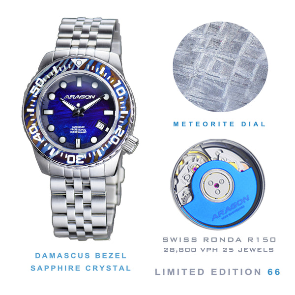 EVO Meteorite Swiss Automatic Limited Edition Titanium Damascus Bezel - Blue | Dark Blue Dial