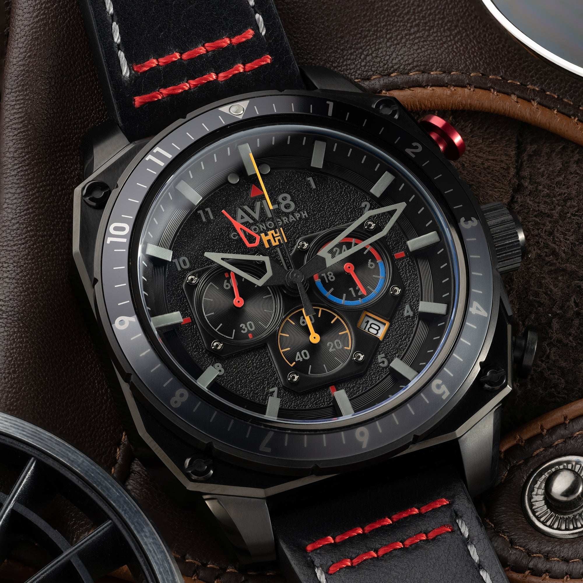 AVI-8 Hawker Hunter Atlas Dual Time Chronograph Black / Leather