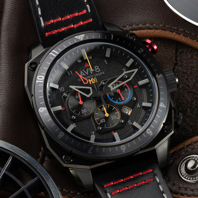 Hawker Hunter Atlas Dual Time Chronograph Black / Leather | Black Dial