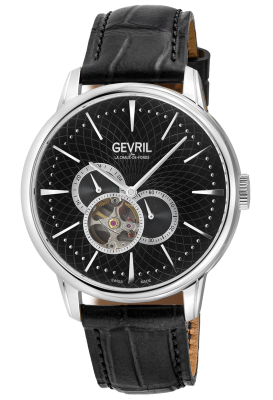 Mulberry Gevril Men's Mulberry SS Case, Black Dial embossed textured, Genuine Italian Handmade Black Leather Strap. | Black Dial