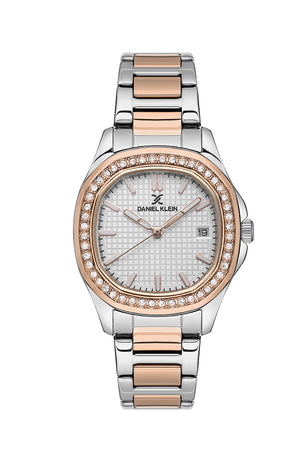 Oval Womens Metal Watch, Gemstones, Date - DK13626 Silver and Rose Gold Blue Dial