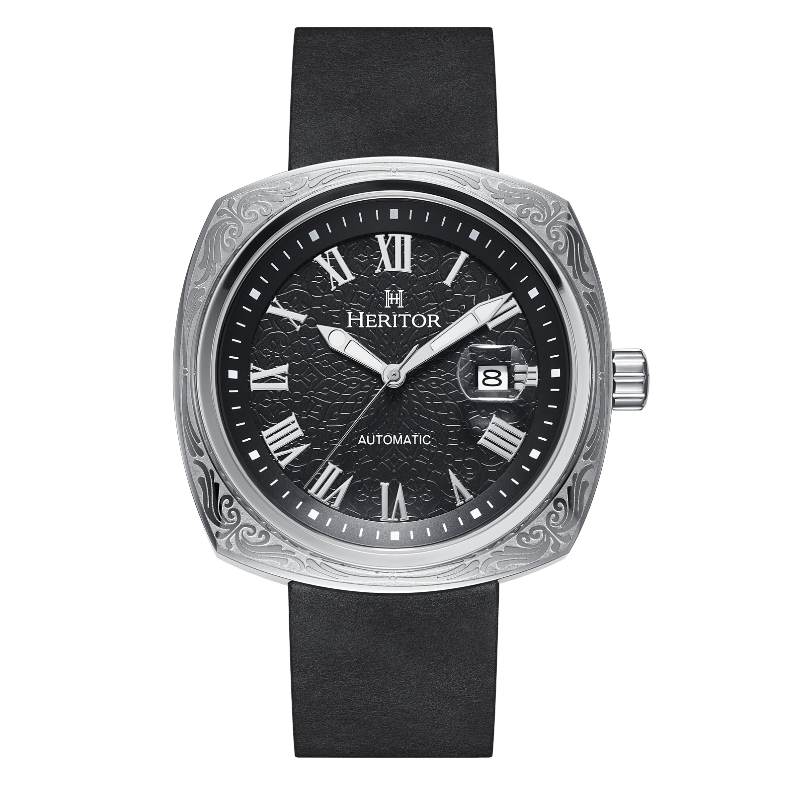 Davenport Engraved-Case Leather-Band Watch w/ Date Silver/Black | Black Dial