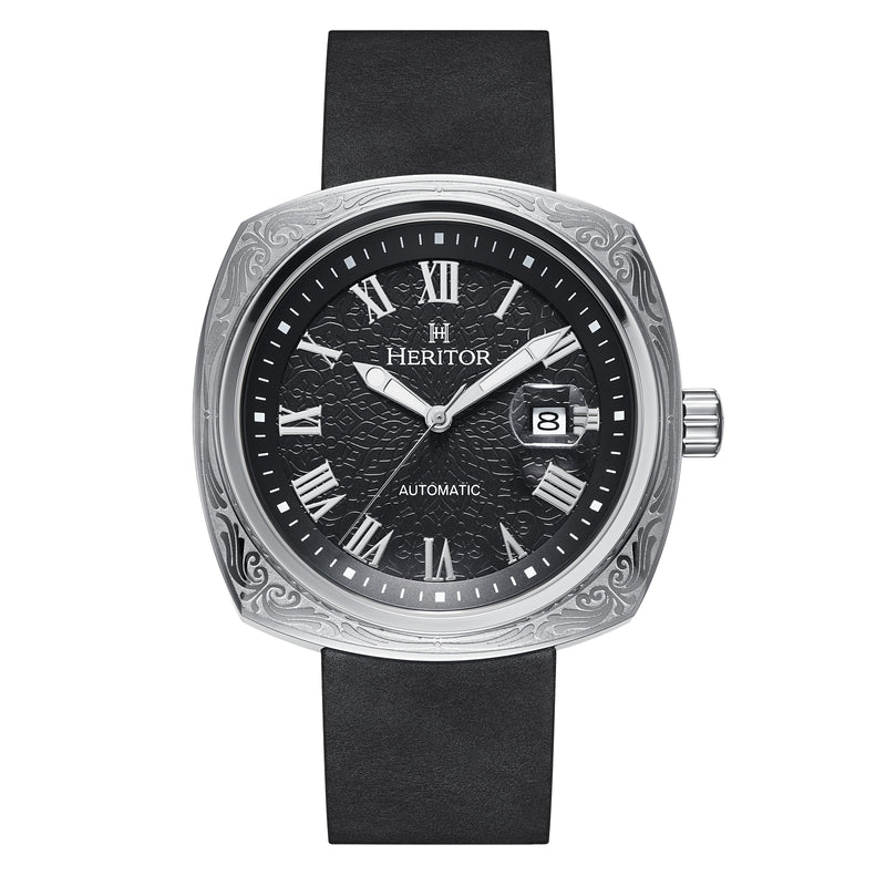Davenport Engraved-Case Leather-Band Watch w/ Date Silver/Black | Black Dial