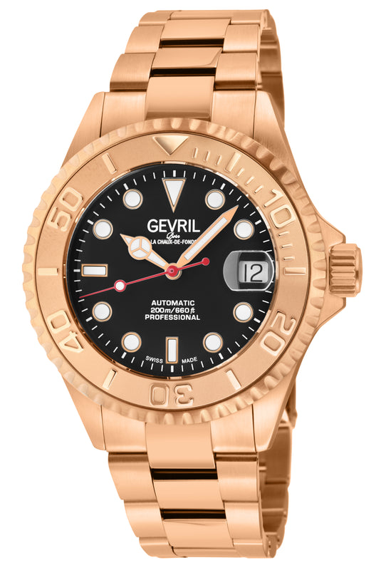 Wall Street Gevril Swiss Made SW200 Steel Rotating Bezel Diver's watch, Rose Gold bezel, Black dial | Blue Dial