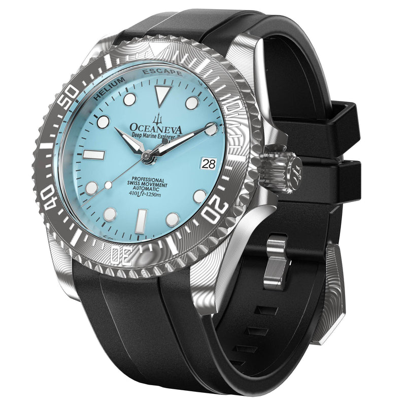 Damascus Swiss Automatic SW200 Deep Marine Explorer II Damascus/Light Blue Dial/Black Strap | Light-blue Dial