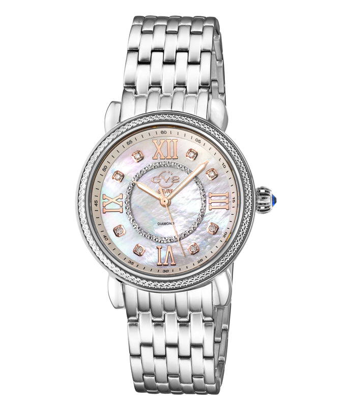 Marsala GV2 Women's Diamond Swiss Quartz Watch, White MOP dial, 8 Diamonds, SS Bracelet | White Dial