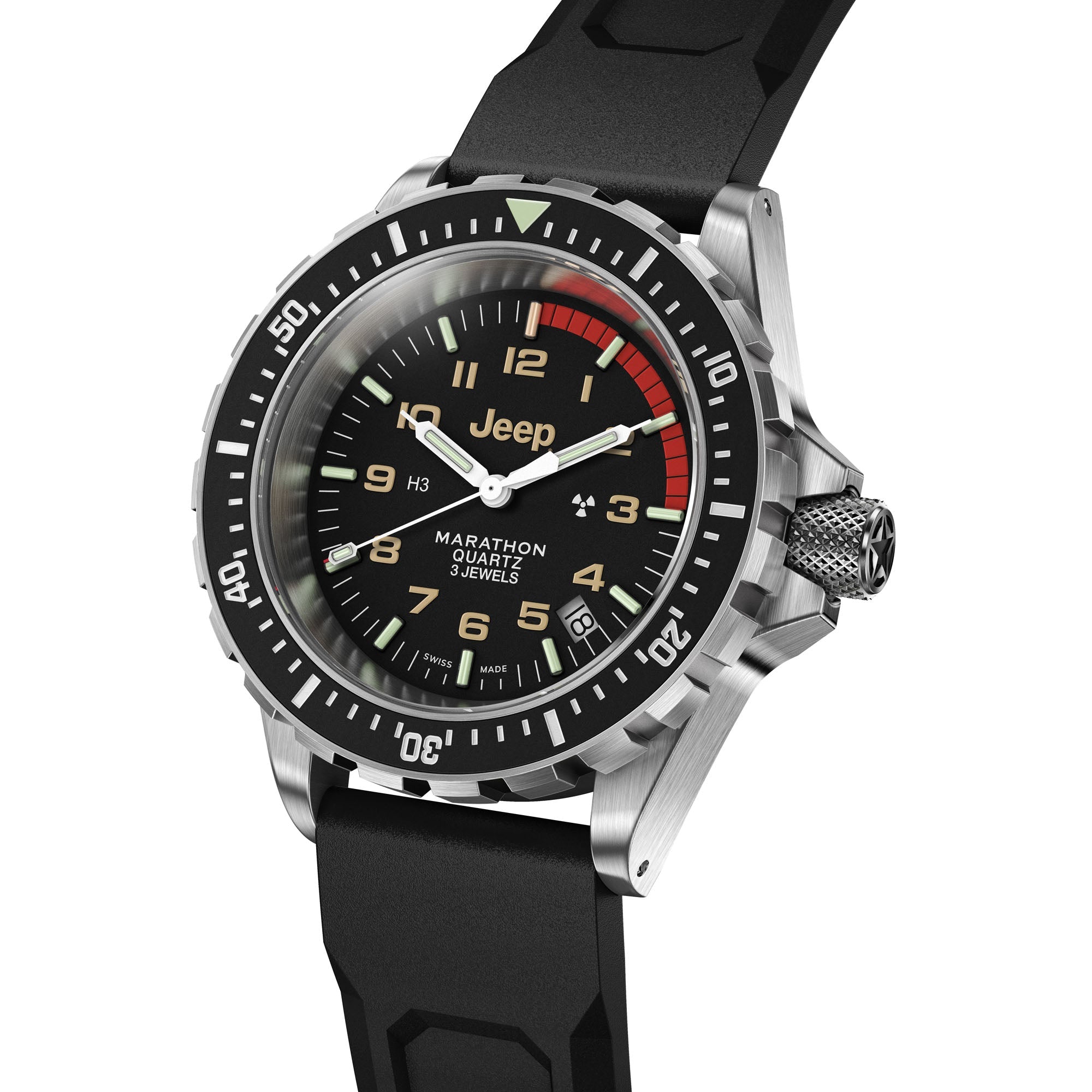 41mm JEEP RUBICON TSAR, SS, COL: SS/BKSS 3PC RUBBER JEEP TSAR ON BLACK 3PC RUBBER STRAP | Black Dial