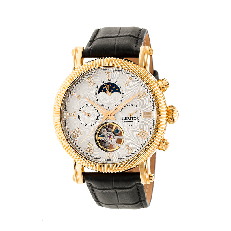 Winston Semi-Skeleton Leather-Band Watch Gold/White | White Dial